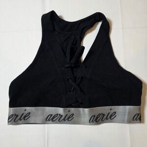 Aerie Black Lace Up Bralette Silver Metallic Logo Band Racerback Sporty S